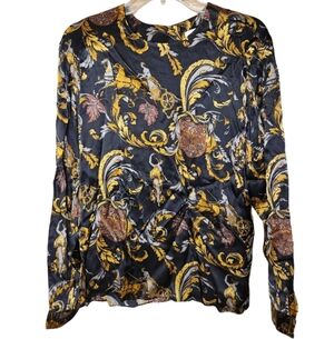 Albert Nipon Black and Gold Baroque Print Vintage Silk Top Size 14